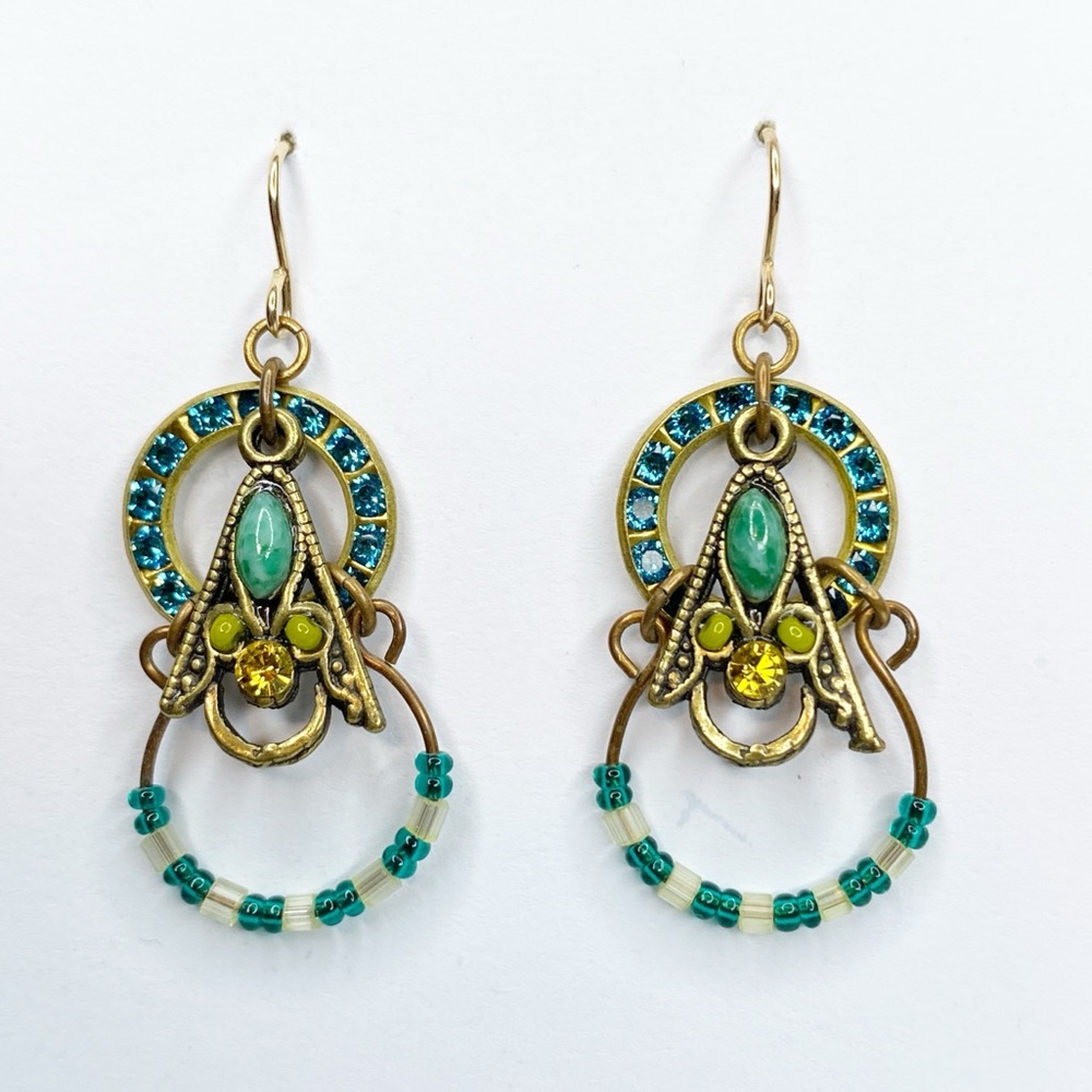 Gold/Brass-Tone Beaded Rhinestone Drop Earrings Teal, Blue & Green